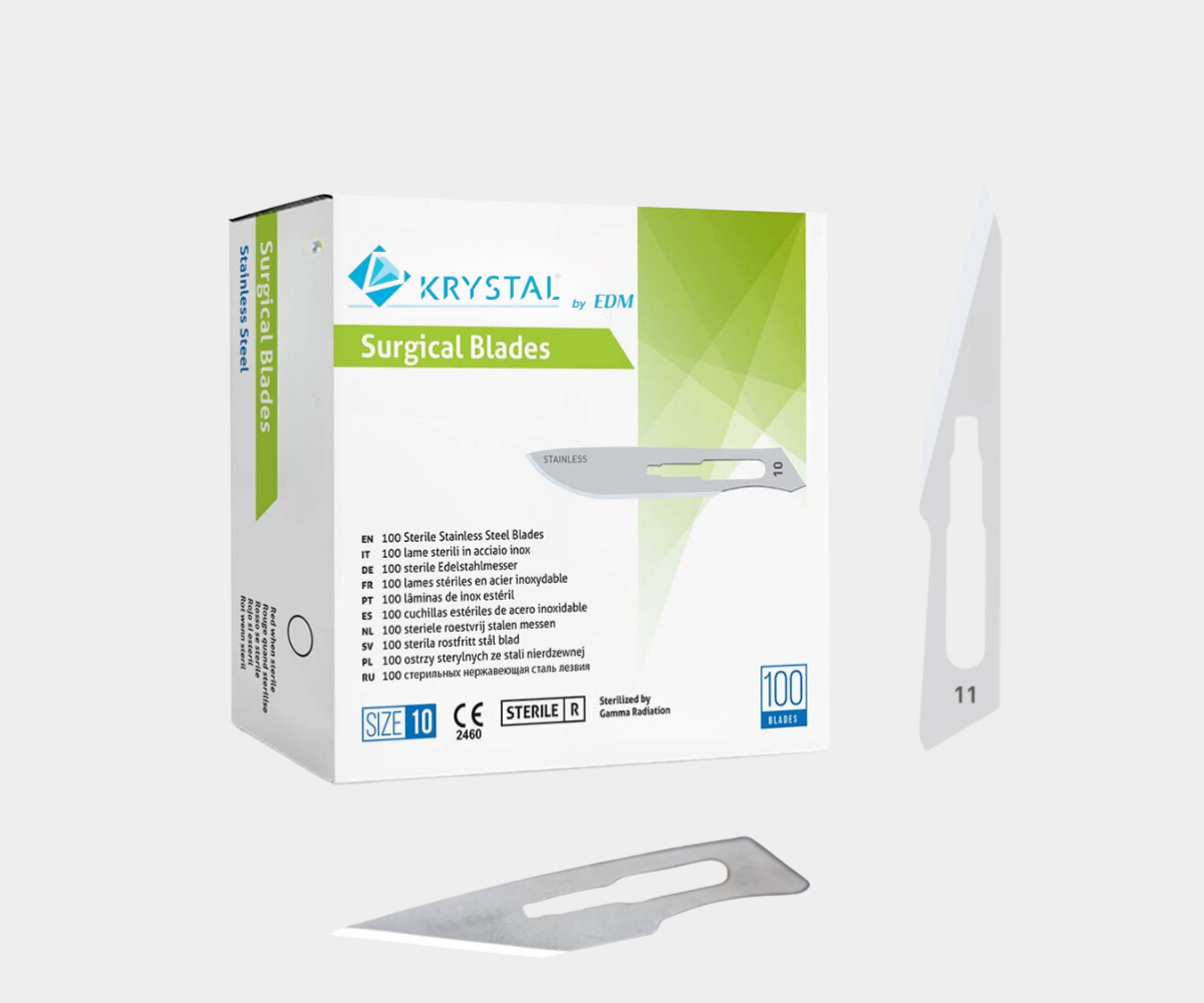A box of 100 Carbon Steel Surgical Blades with detail on blades