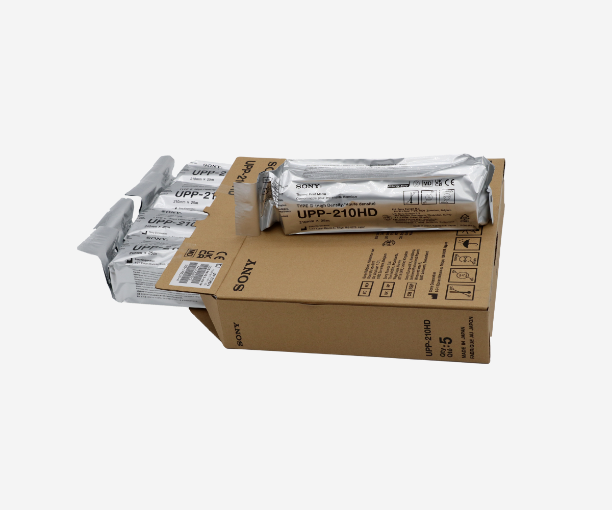 Sony UPP-210HD high-density thermal paper roll, 210mm × 25m (5 rolls per box)