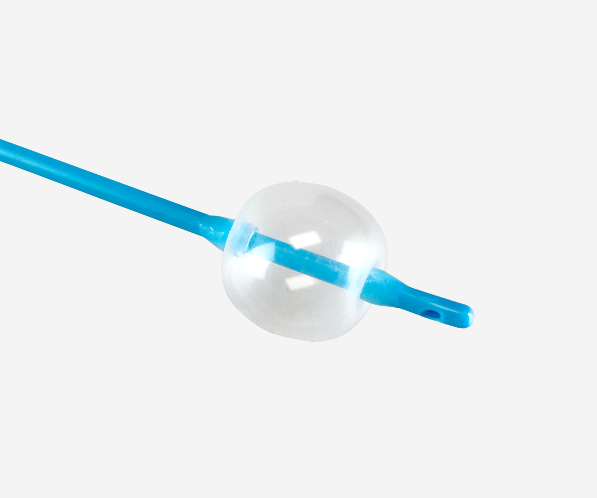 Close-up view of Thomas Medical HSG Catheter with balloon, highlighting radiopaque concentric design for secure cervical procedures.