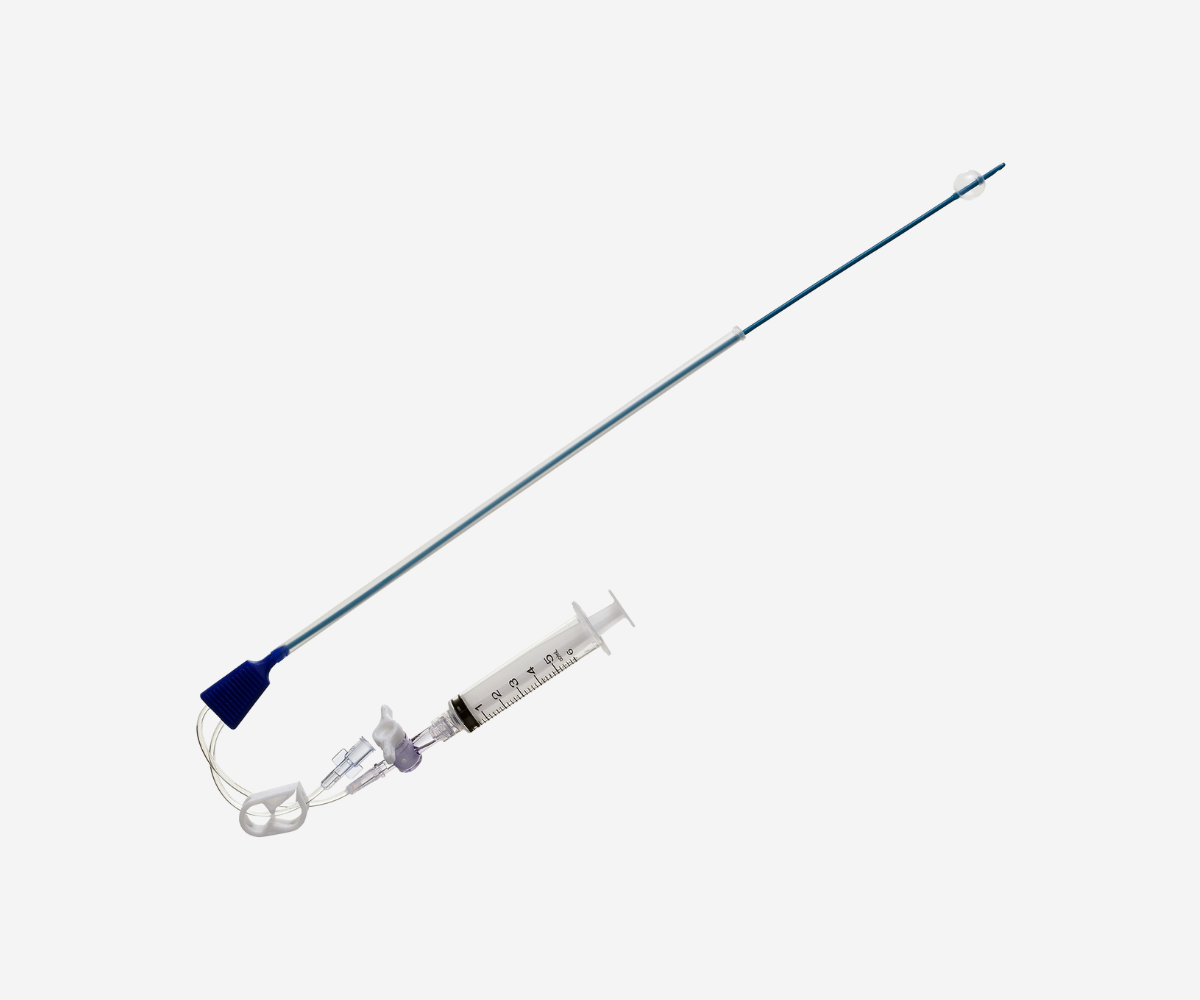 Full view of Thomas Medical HSG Catheter with attached syringe and malleable placement sheath, ideal for HSG and SHG procedures.