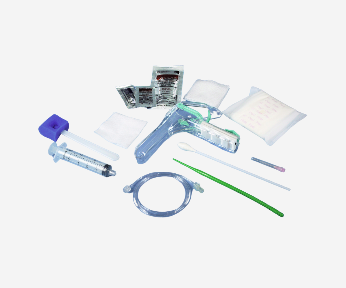 Thomas Medical HSG Procedure Kit featuring a disposable LED speculum, syringe, extension tubing, cervical dilator, sponge stick, PVP solution, gauze, and additional sterile tools for HSG procedures.