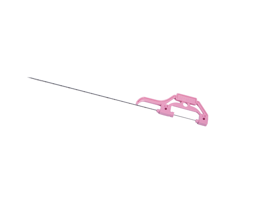 Close-up of biopsy refill needle tip showing enhanced radiopaque markers for imaging visibility