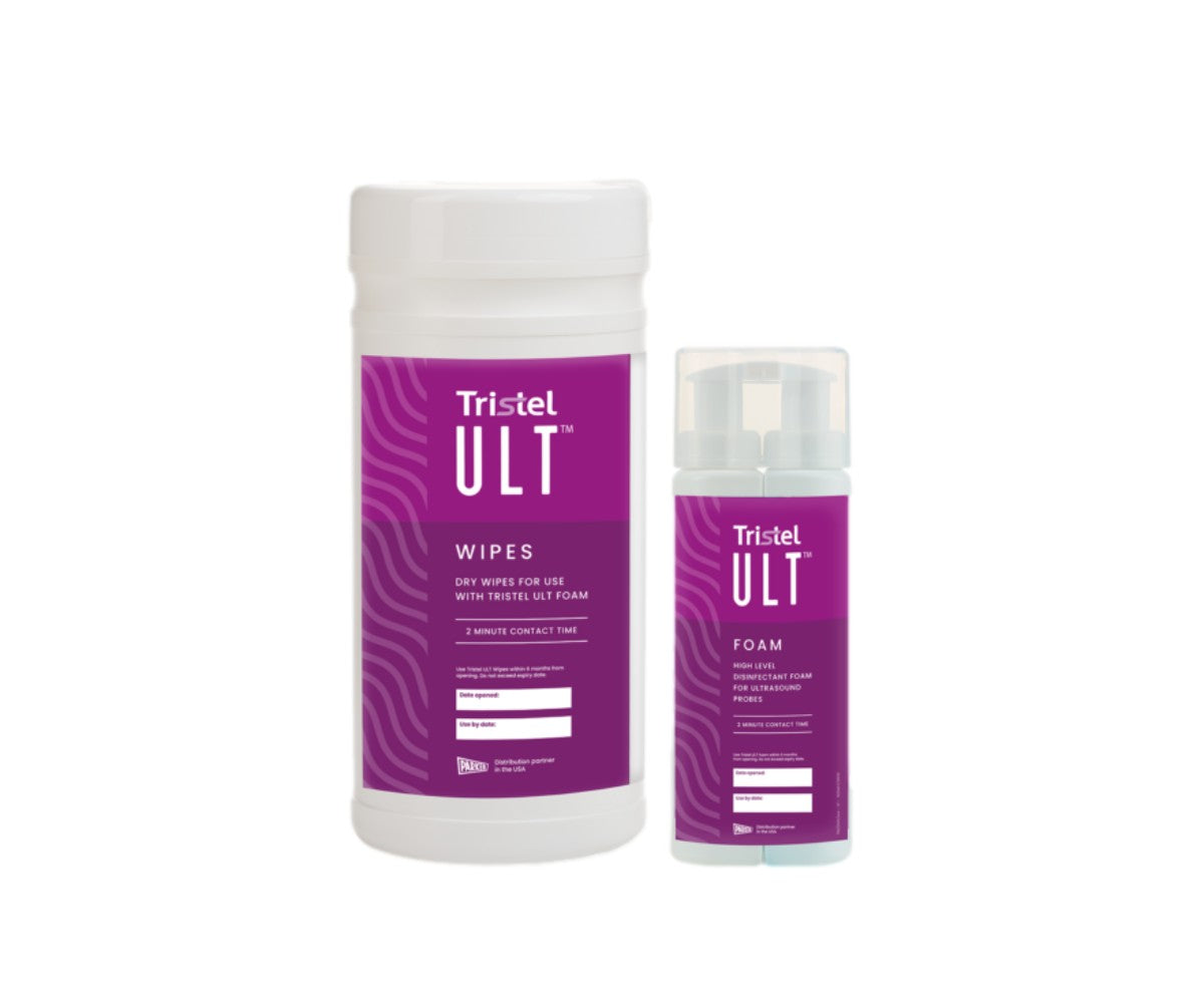 Tristel ULT Wipes and Foam high-level disinfectant system for ultrasound probes, showing the wipe canister and foam bottle.