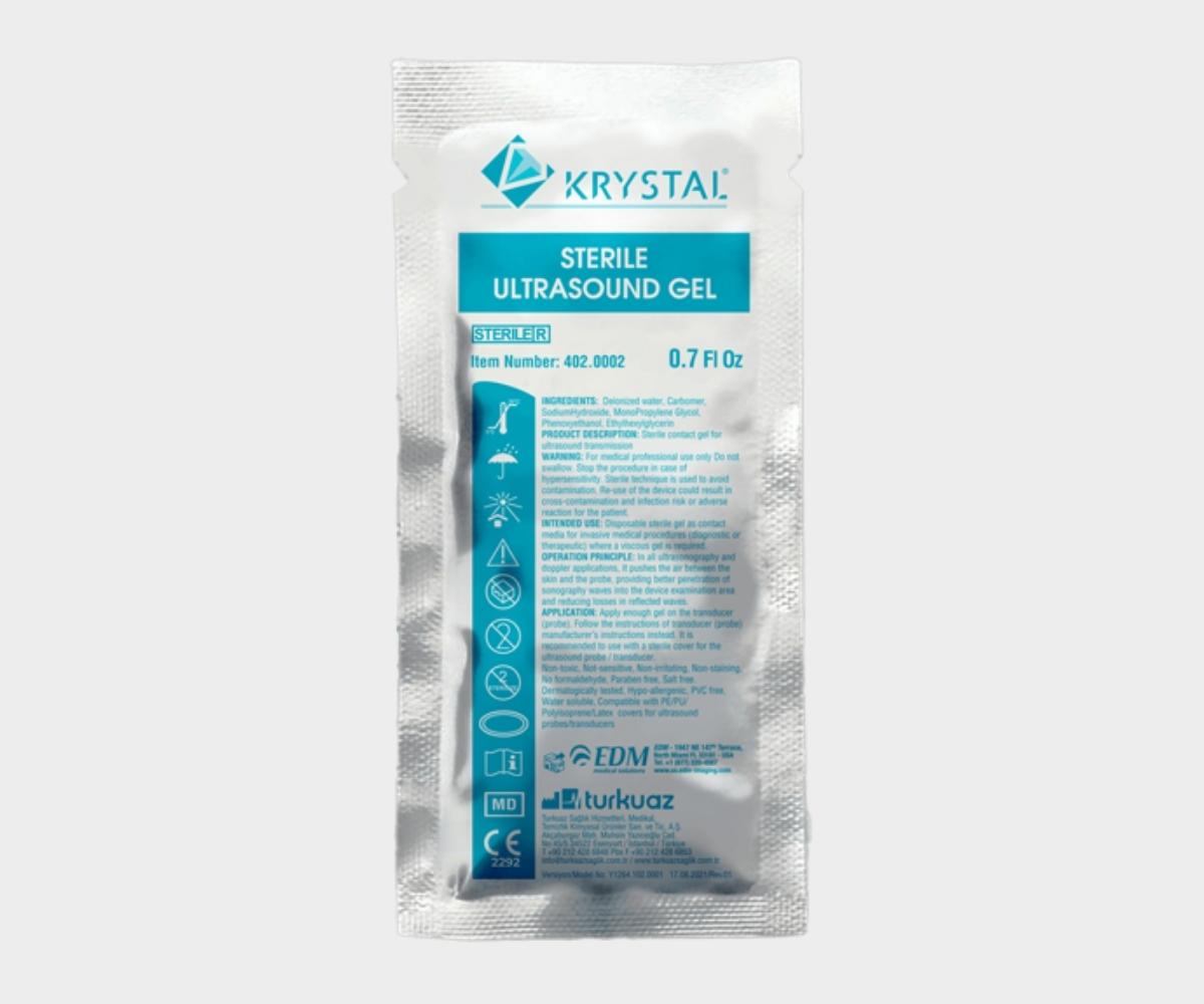 Krystal sterile ultrasound gel single-use packets for interventional ultrasound-guided procedures such as endocavity biopsies, vascular access, egg retrievals (IVF), and more.